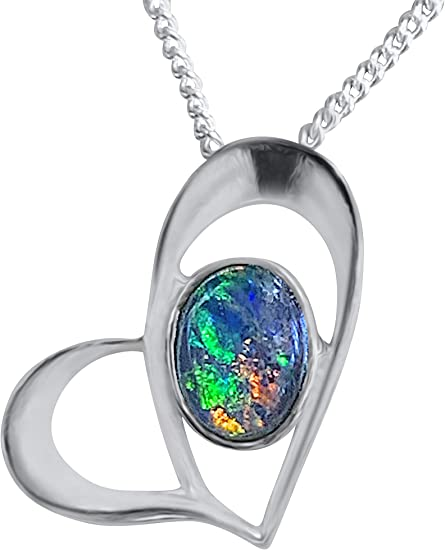 Opal Modern Heart Necklace by Alcheri | Natural Opal Triplet Sterling Silver Necklace for Women | October Birthstone Gift, 18"